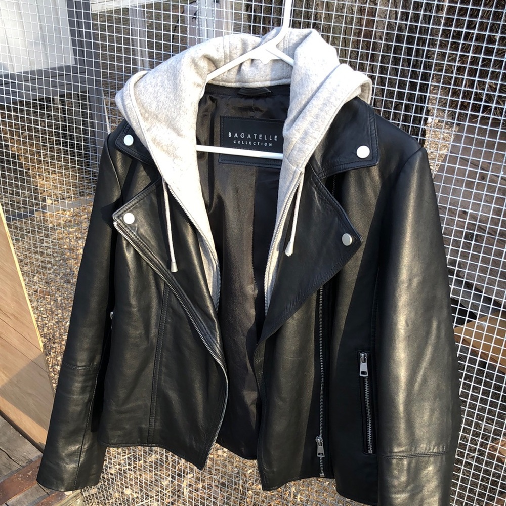 Bagatelle Women's Black Leather Jacket with Gray Hood
